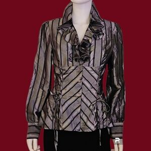 PULI 1990s Metallic Silver Lace-up Ruffle Striped Button Down Castlecore Shirt